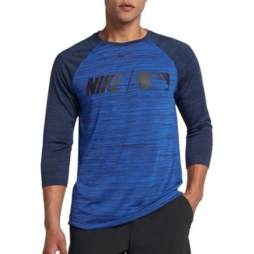 Nike Men's XL MLB Dri-FIT 3/4 Sleeve Baseball Shirt Blue Black Logo Raglan Tee